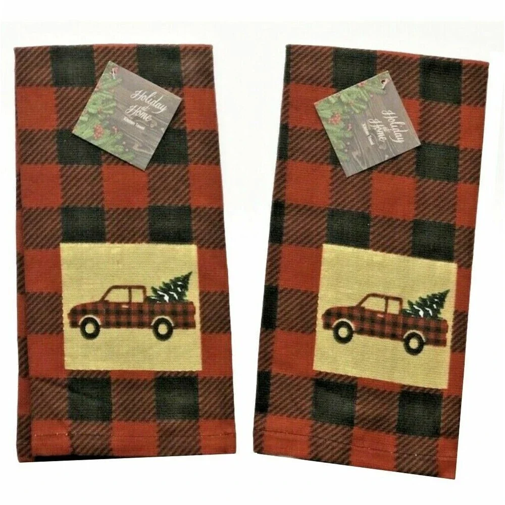 Christmas Red Farm Truck Kitchen Dish Towels Buffalo Check Cabin Lodge Set of 2